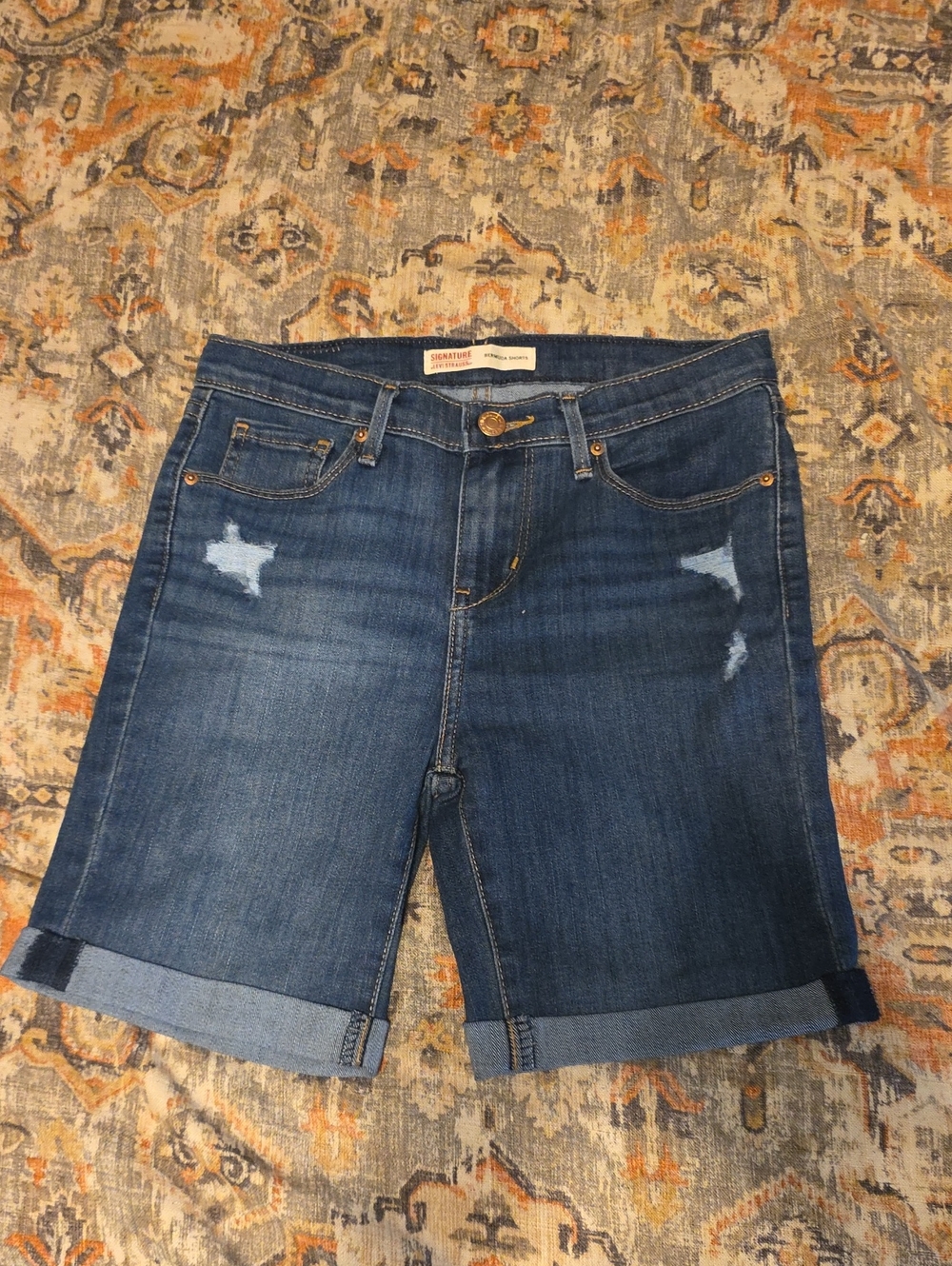 Signature Dark Blue Distressed Denim Bermuda Shorts